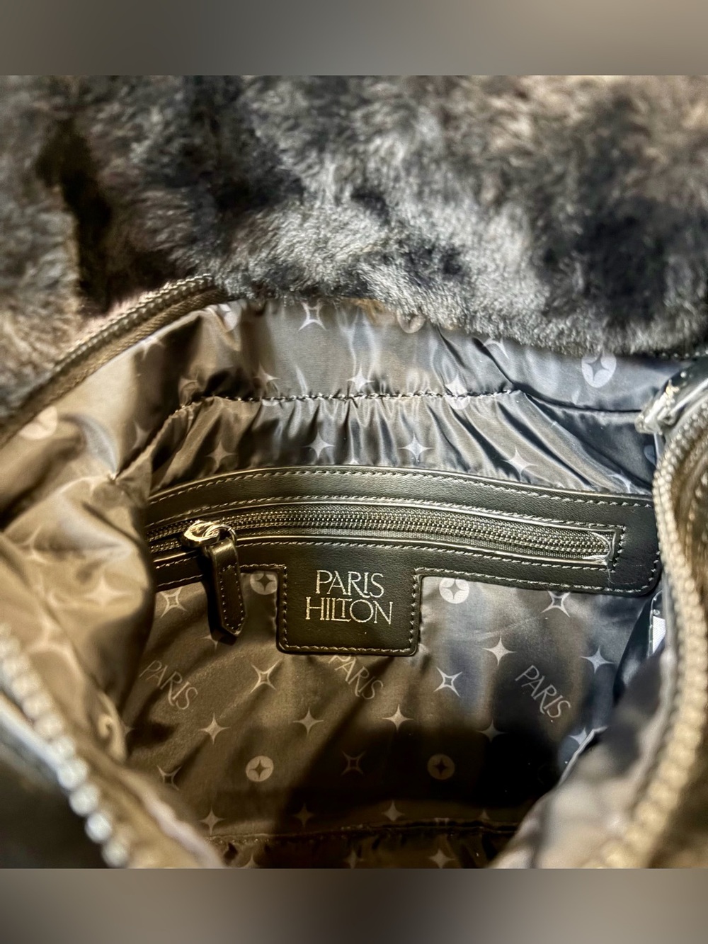 NWT PARIS HILTON Black Faux Fur Shoulder Bag with Rhinestone Script Logo - Picture 5 of 6